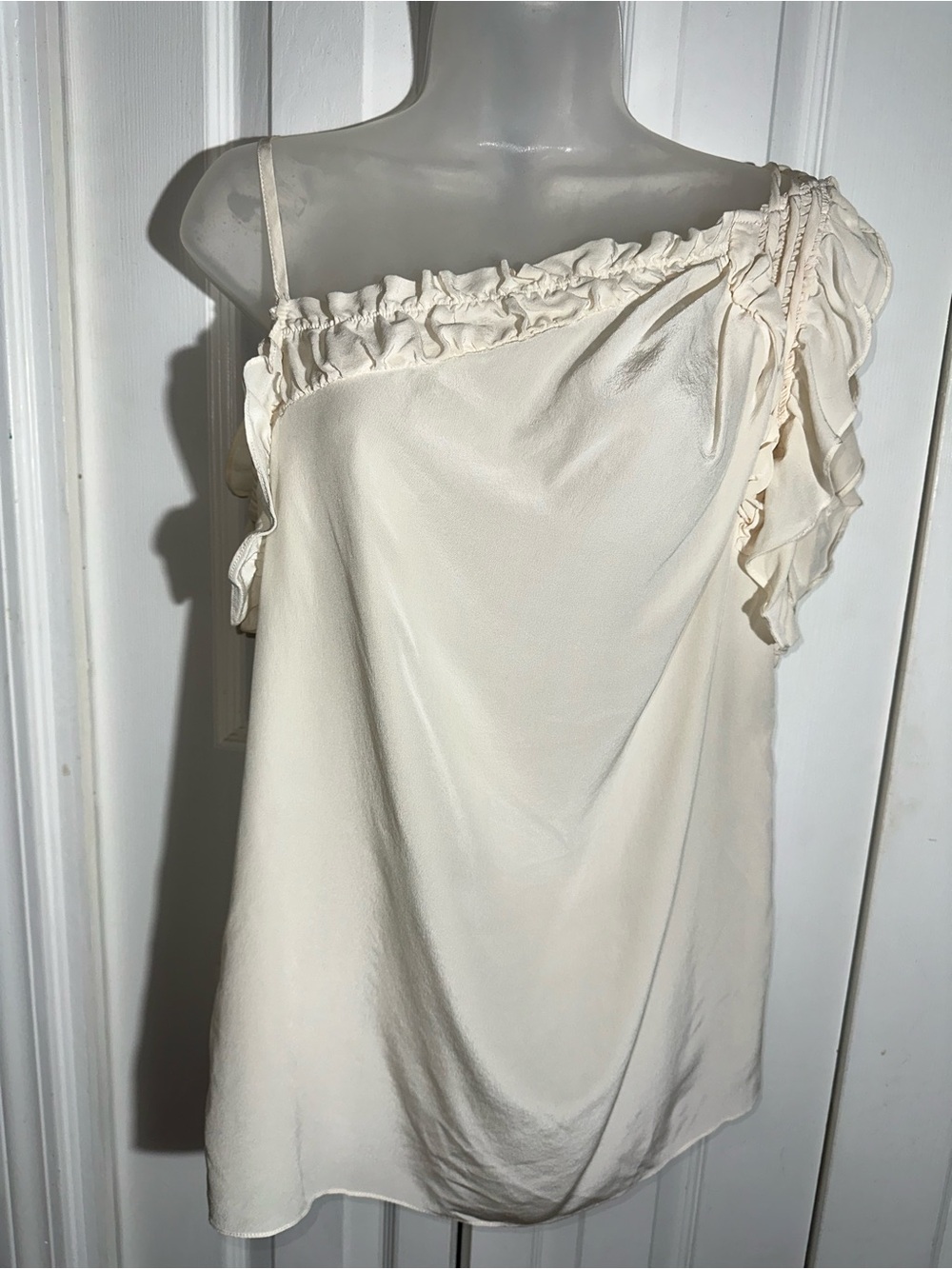 Nanette Lepore Silk Asymmetrical Ruffle Tank Top Size 10 Cream Ivory USA AA26